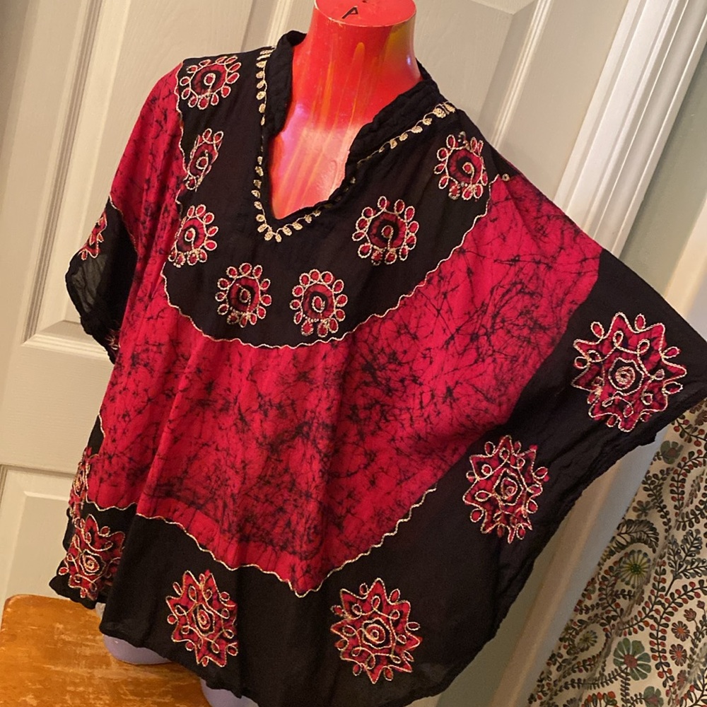 Handmade Embroidered Red and Black Women's Poncho Top - Picture 7 of 11